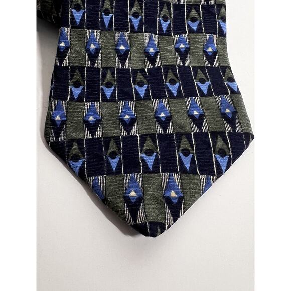 Mulberry EUC 100% Silk Tie Necktie Olive/Blue Diamond Geometric Pattern 55"x3.5" - Picture 2 of 4